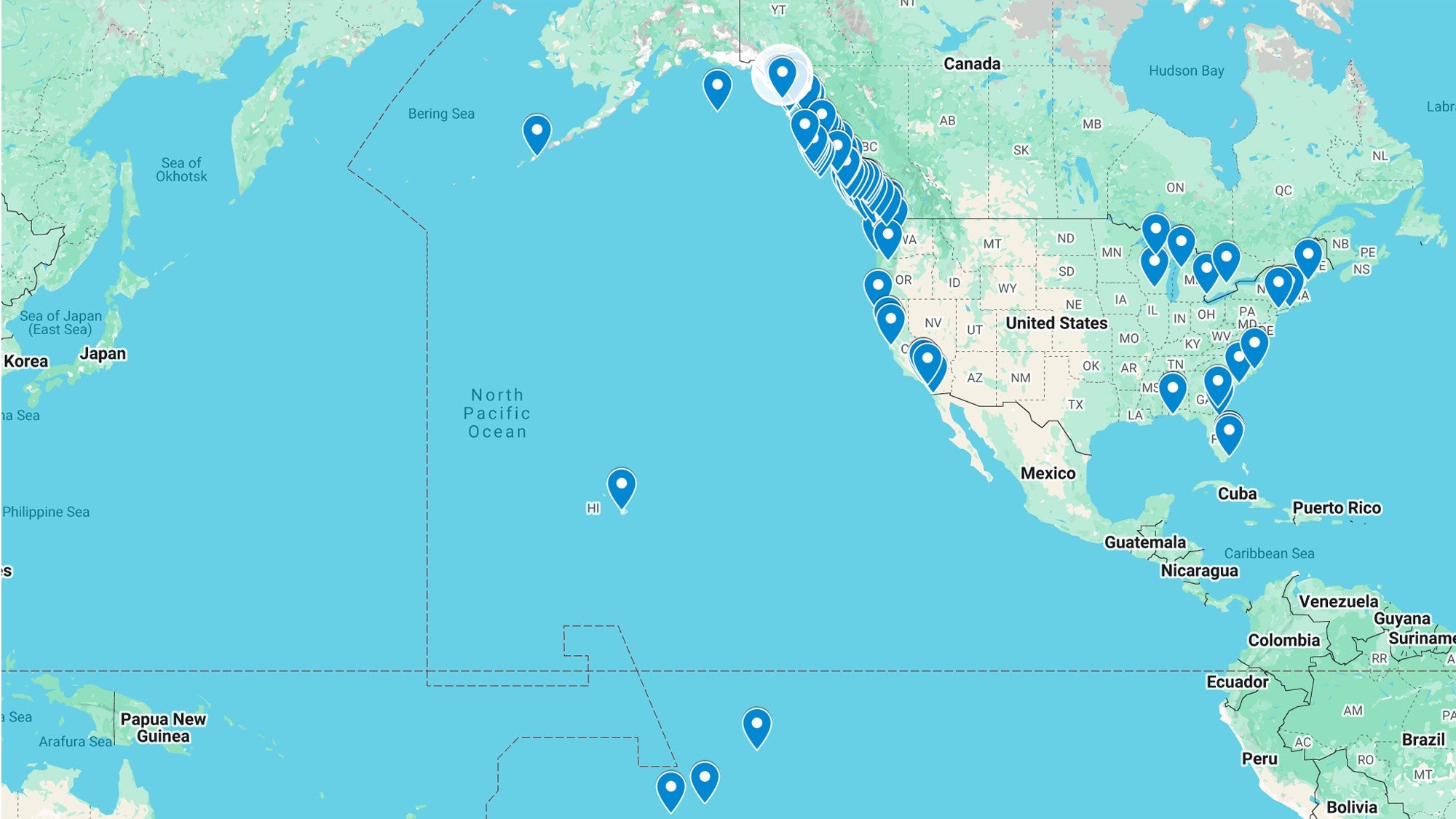 A world map showing various locations where sailors have used Backstay Logbooks, with markers indicating voyages across oceans, coastal routes, and international cruising destinations.