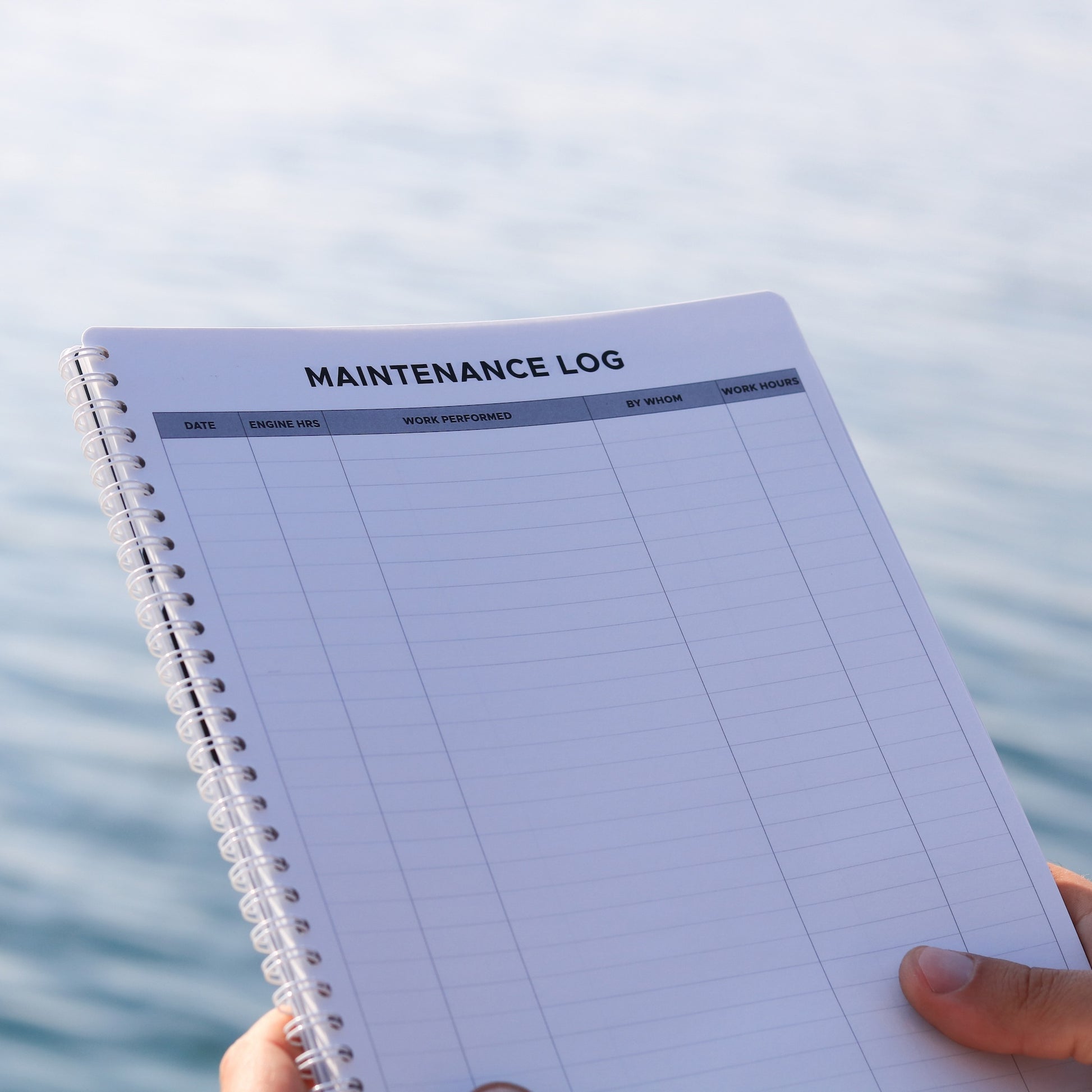 Maintenance Log page layout with columns for maintenance item, date, engine hours, work performed, and notes.