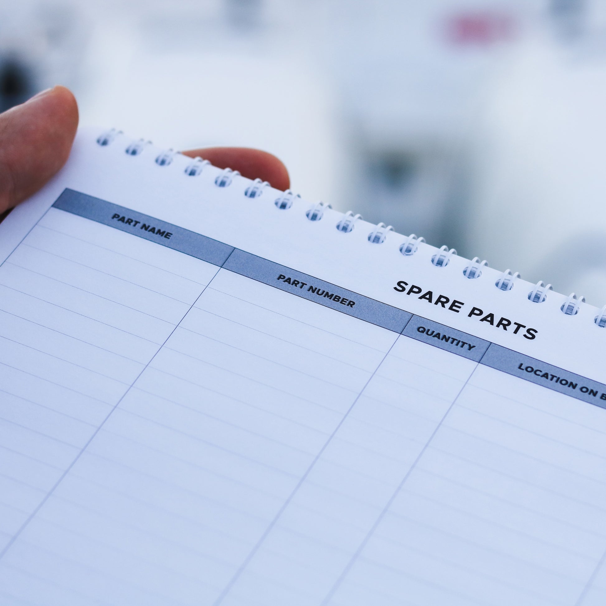 Spare parts inventory page in waterproof boat maintenance logbook.