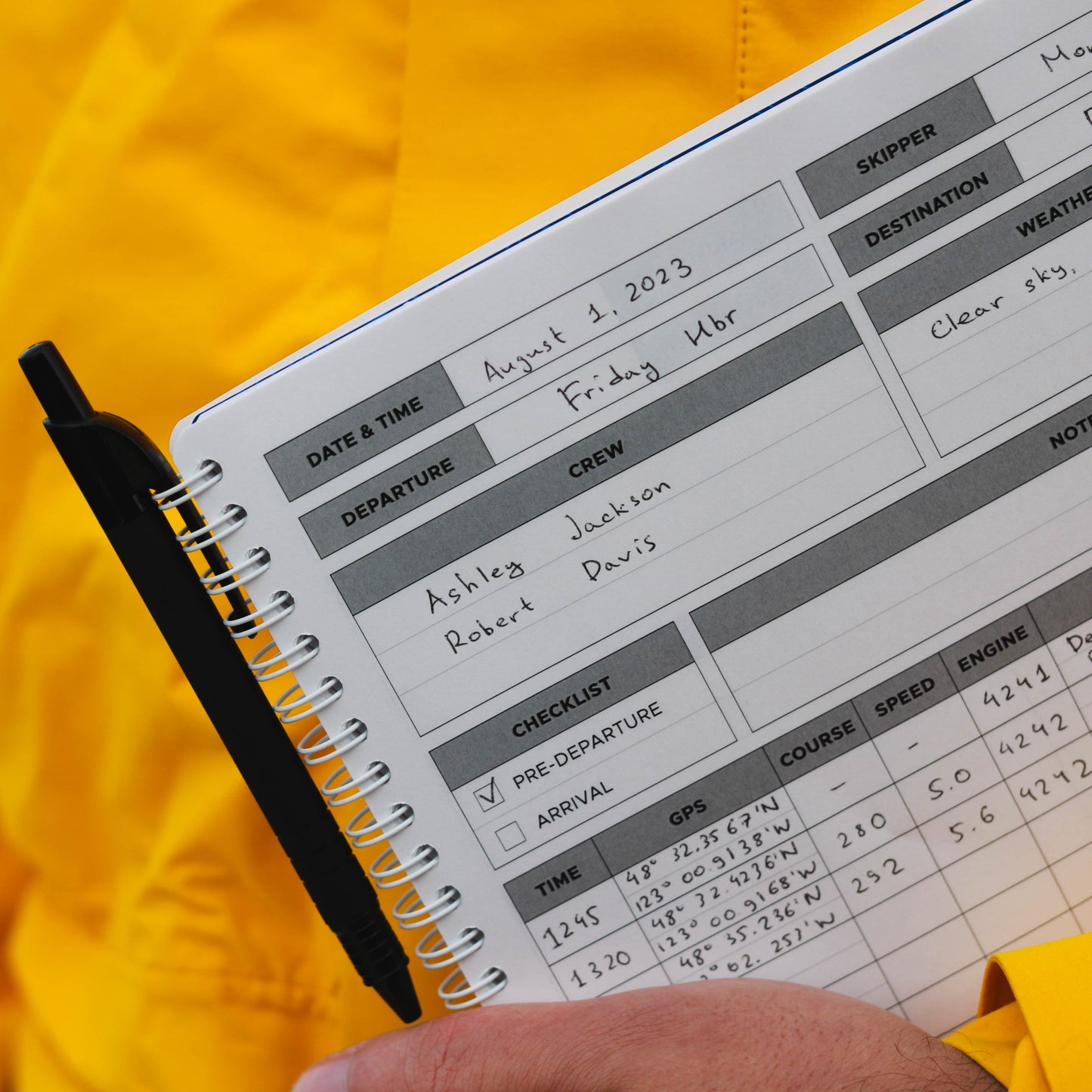 Photo: Filled out waterproof sailing log