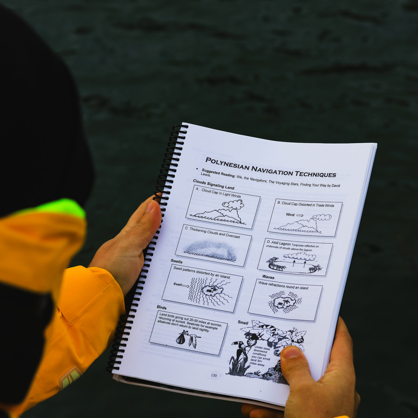 Offshore Cruising Companion book open to Polynesian navigation techniques with illustrations.