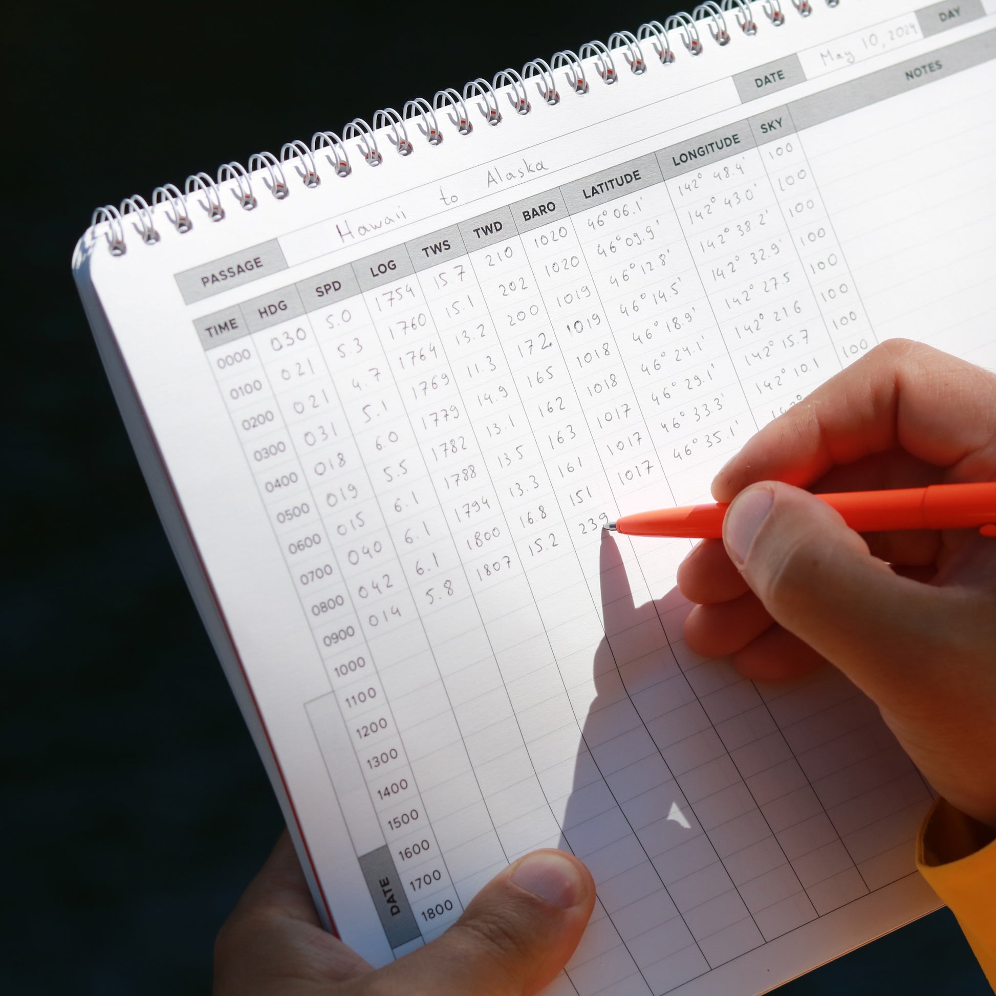 Photo: Writing with a Rite in the Rain Pen in the Offshore Logbook