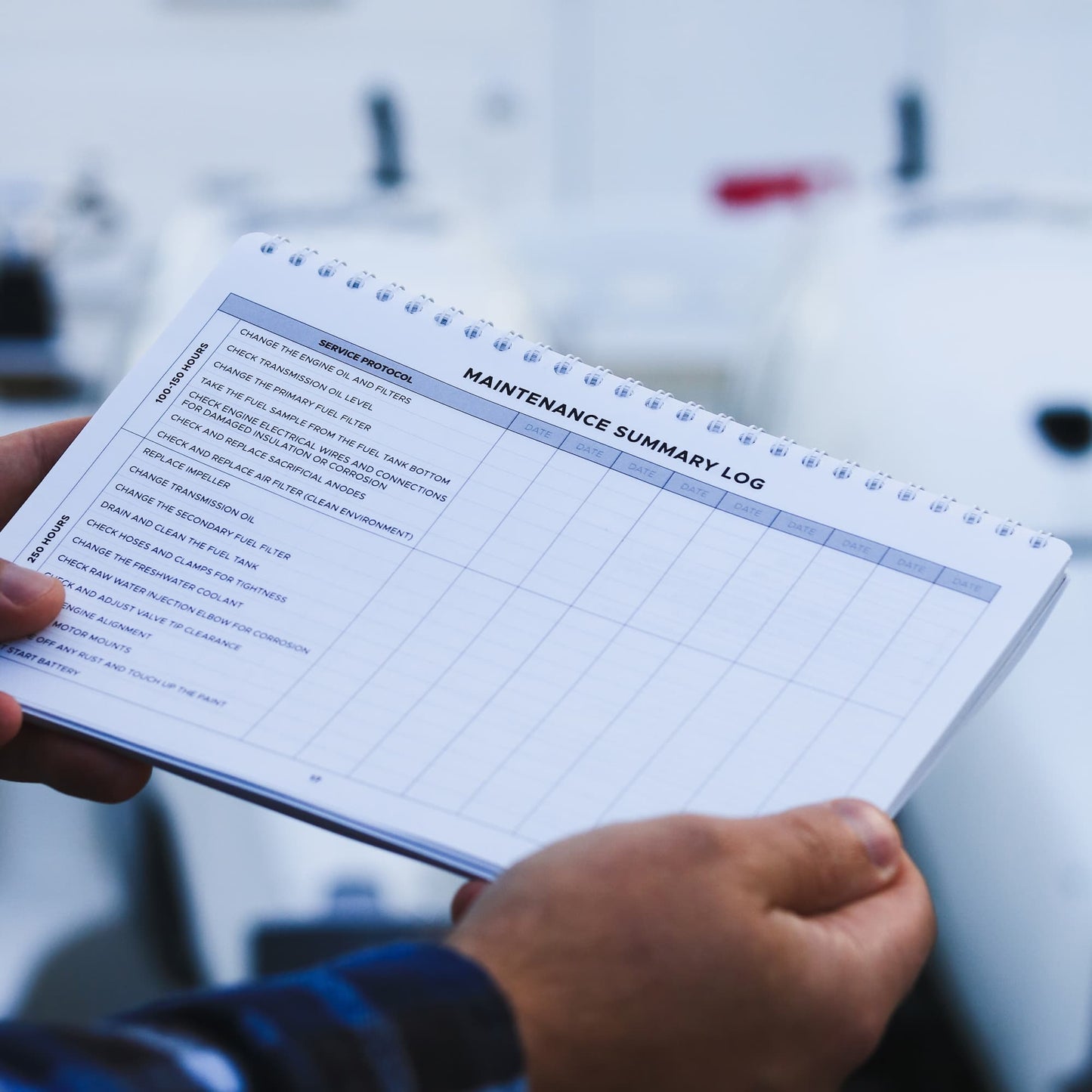Boat engine maintenance checklist and summary page with visual schedule of annual tasks. 