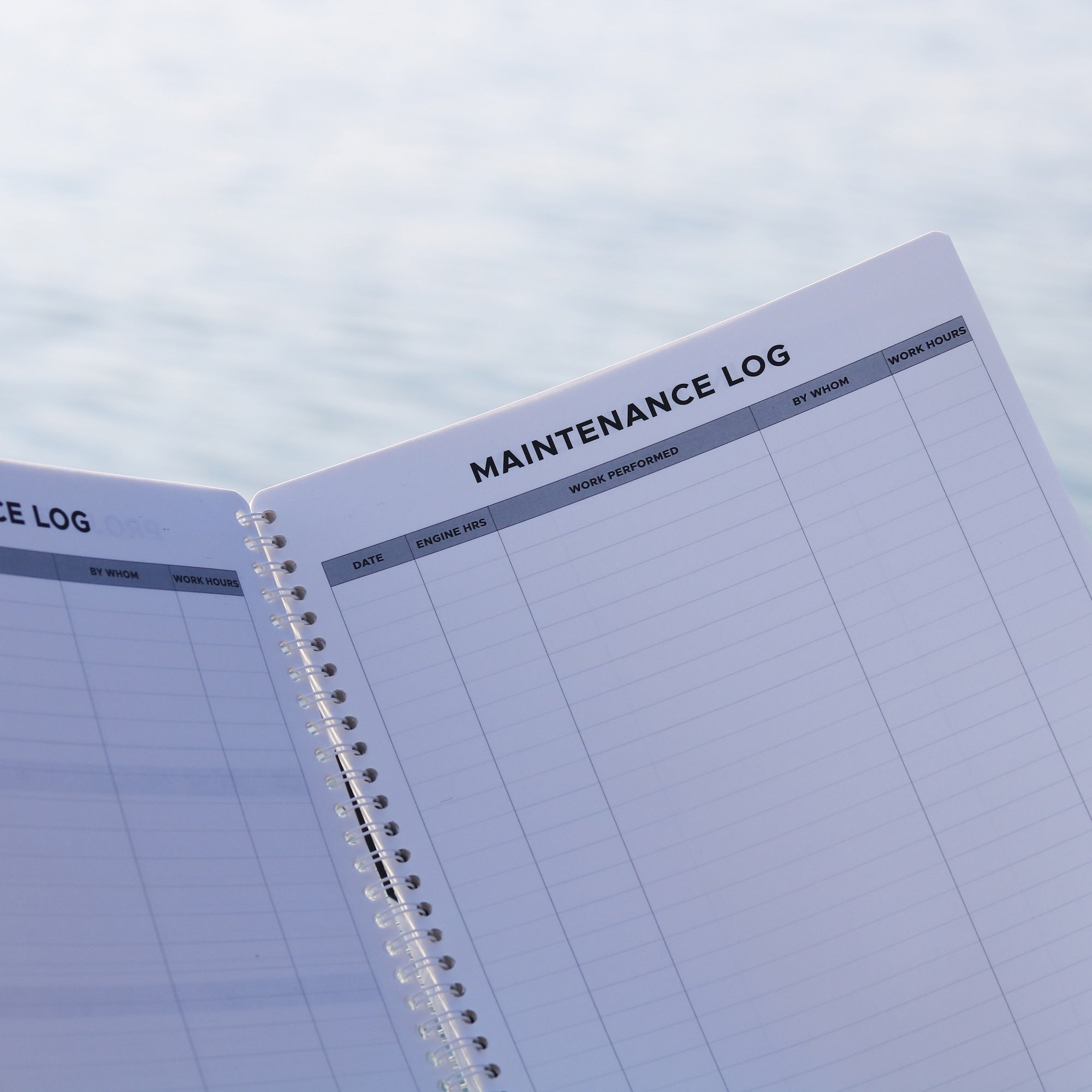 Maintenance Log page layout with columns for maintenance item, date, engine hours, work performed, and notes.