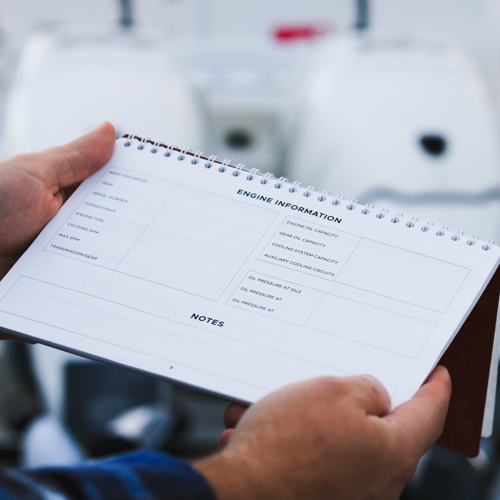 Engine information page with fields for engine oil and gear oil capacities, oil pressures and more. 
