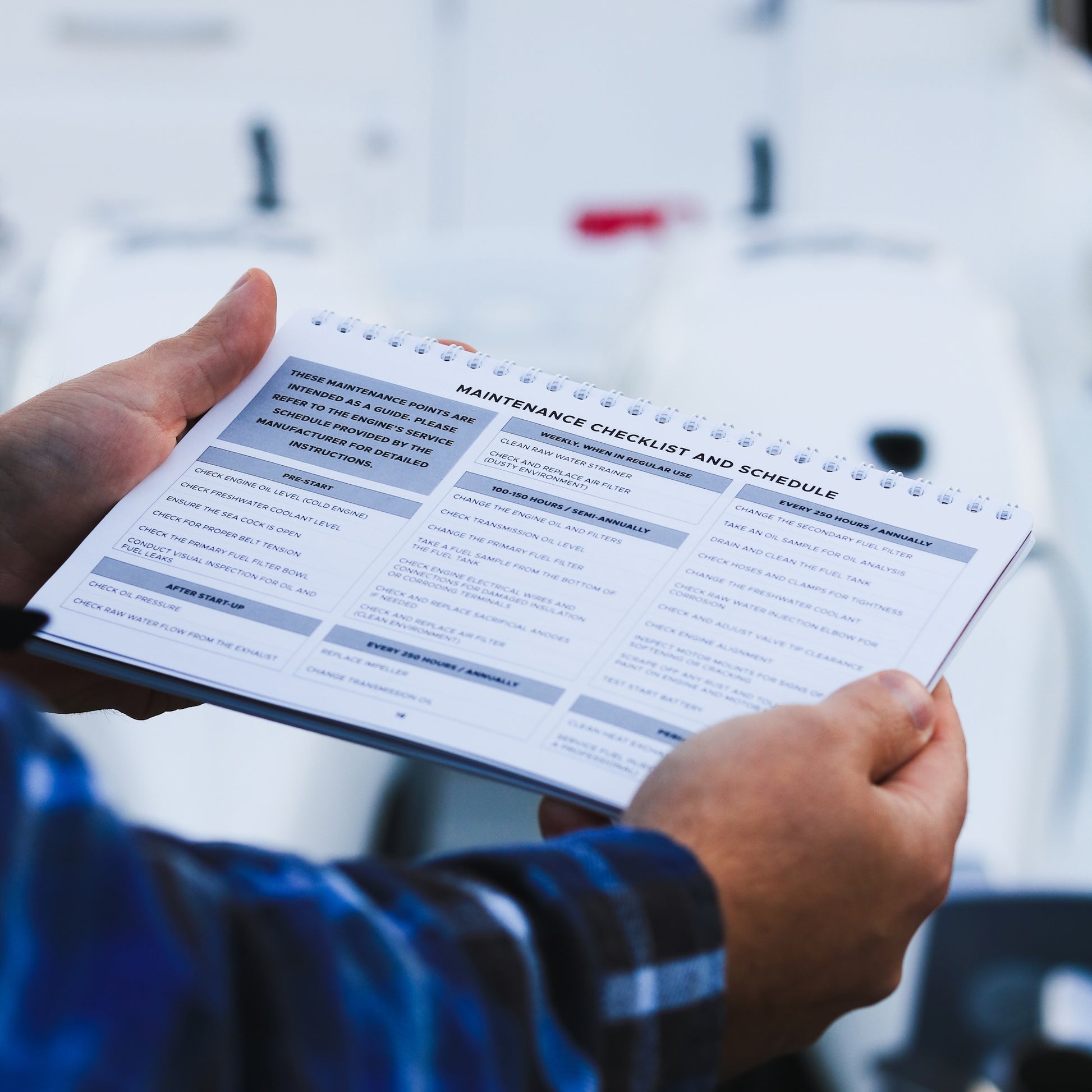 Boat engine maintenance checklist and summary page with visual schedule of annual tasks. 