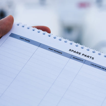 Spare parts inventory page in waterproof boat maintenance logbook.