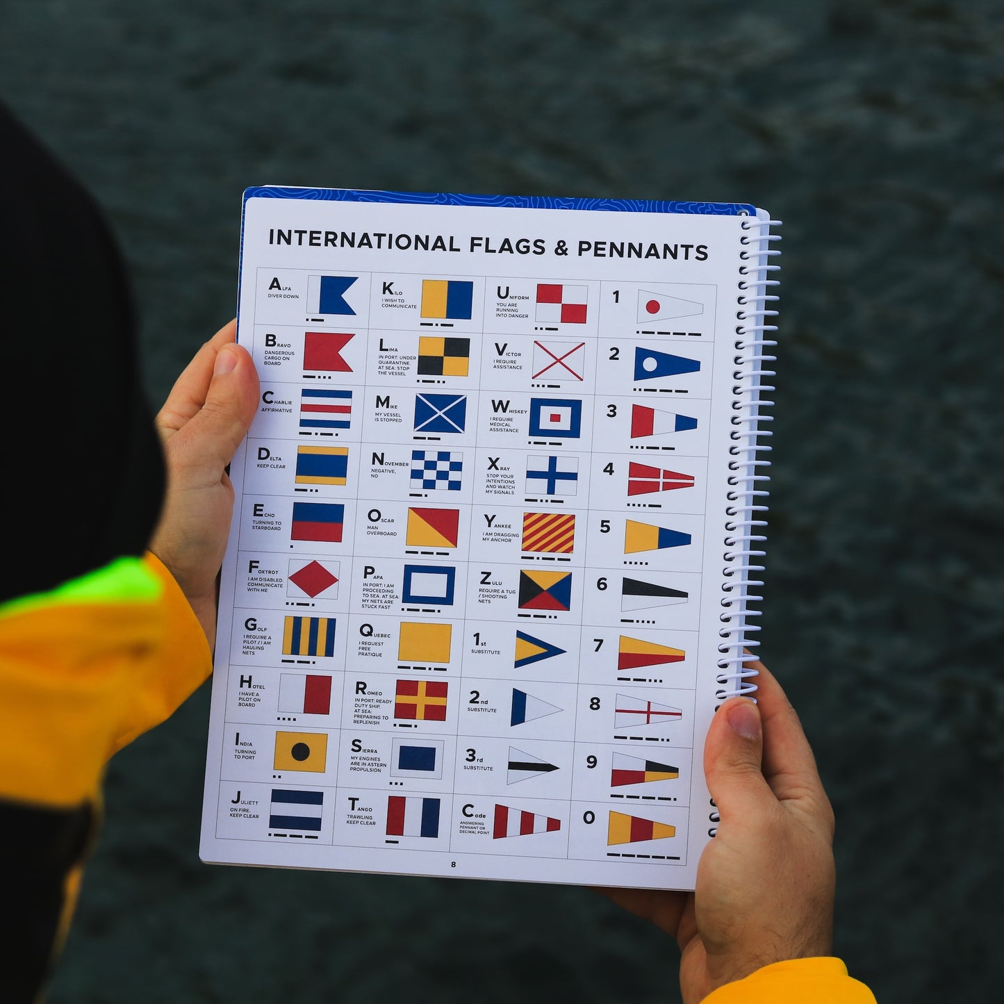 International maritime signal flags and pennants reference chart inside waterproof sailing logbook.
