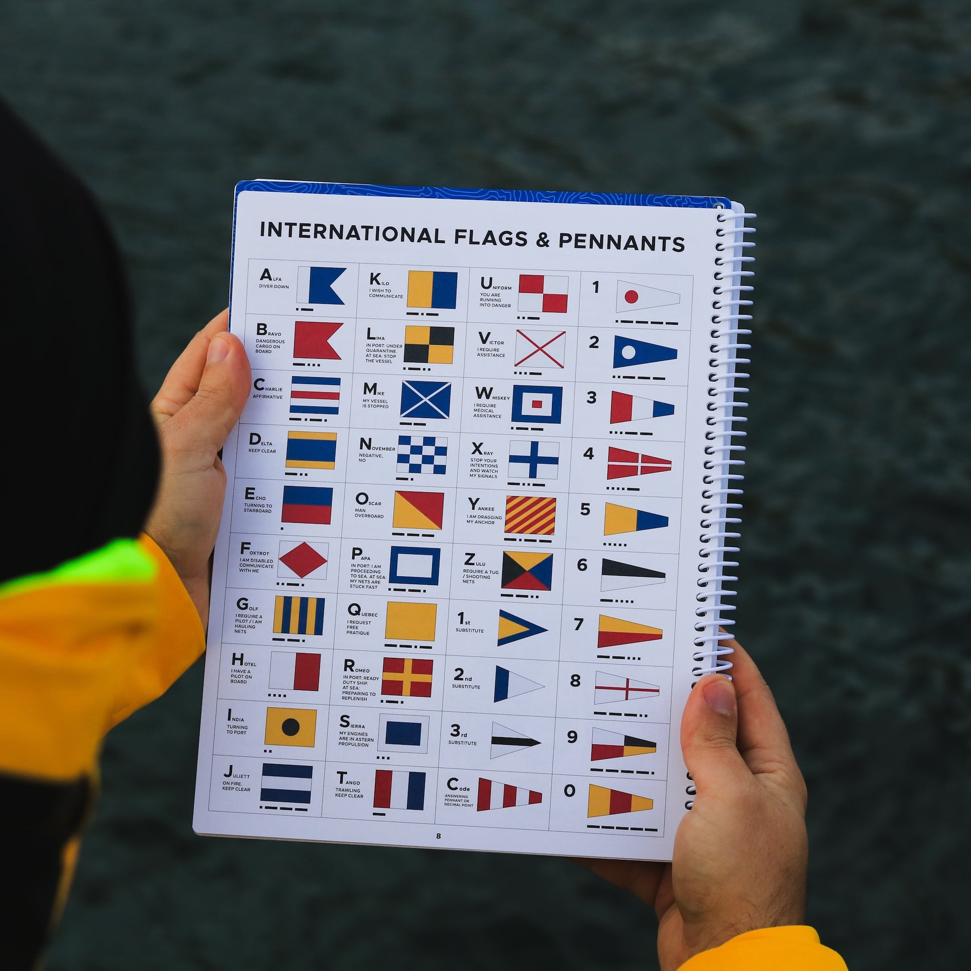 International maritime signal flags and pennants reference chart inside waterproof sailing logbook.