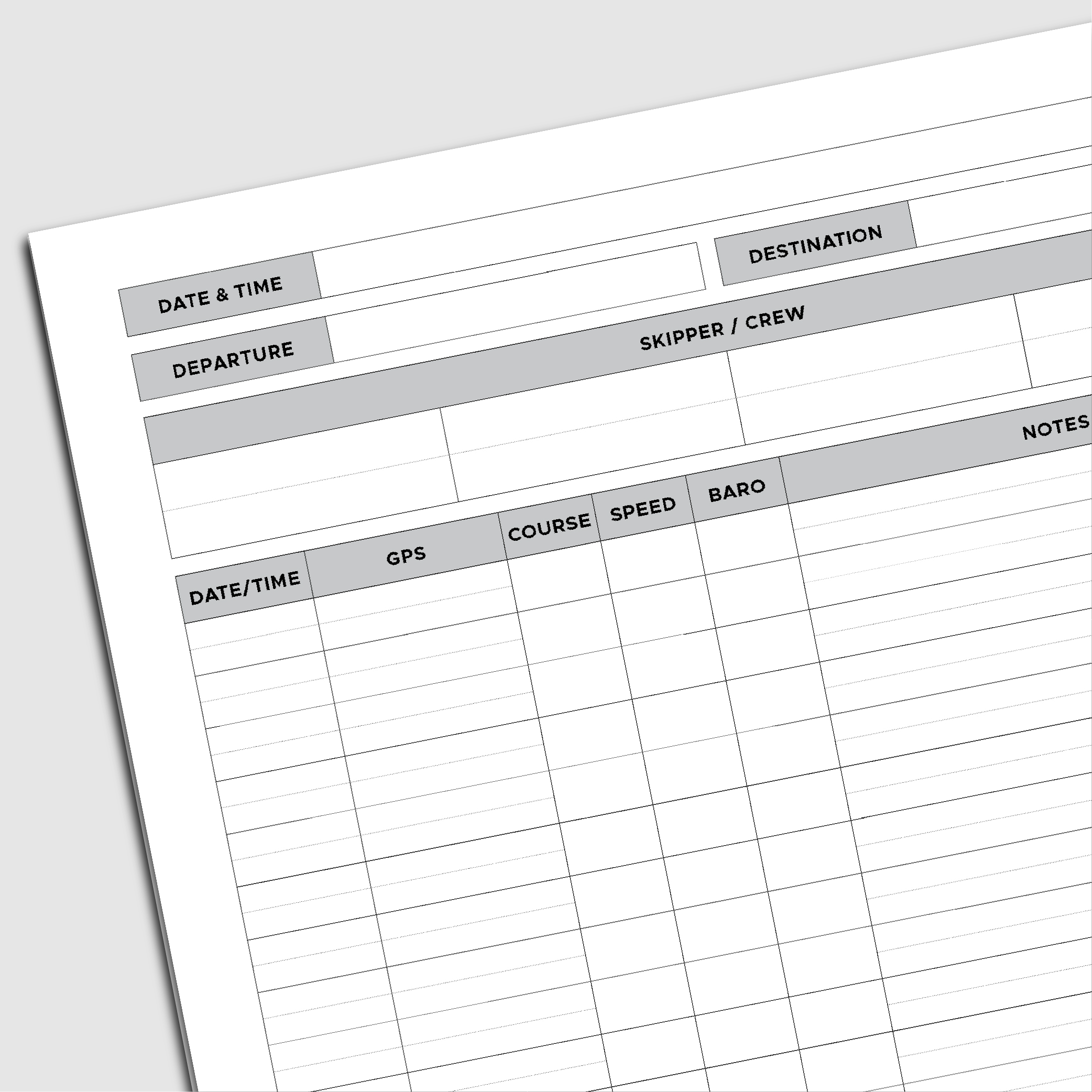 Close-up of updated sailing log pages showing GPS, speed, barometric pressure, and note fields.