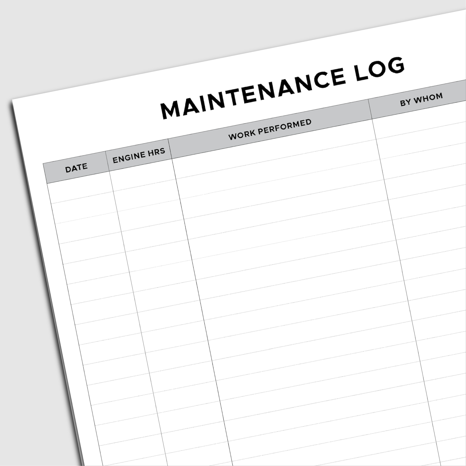 Maintenance Log page layout with columns for maintenance item, date, engine hours,work performed, and notes.