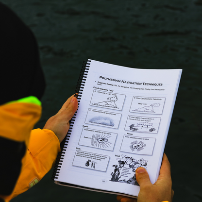 Offshore Cruising Companion book open to Polynesian navigation techniques with illustrations.