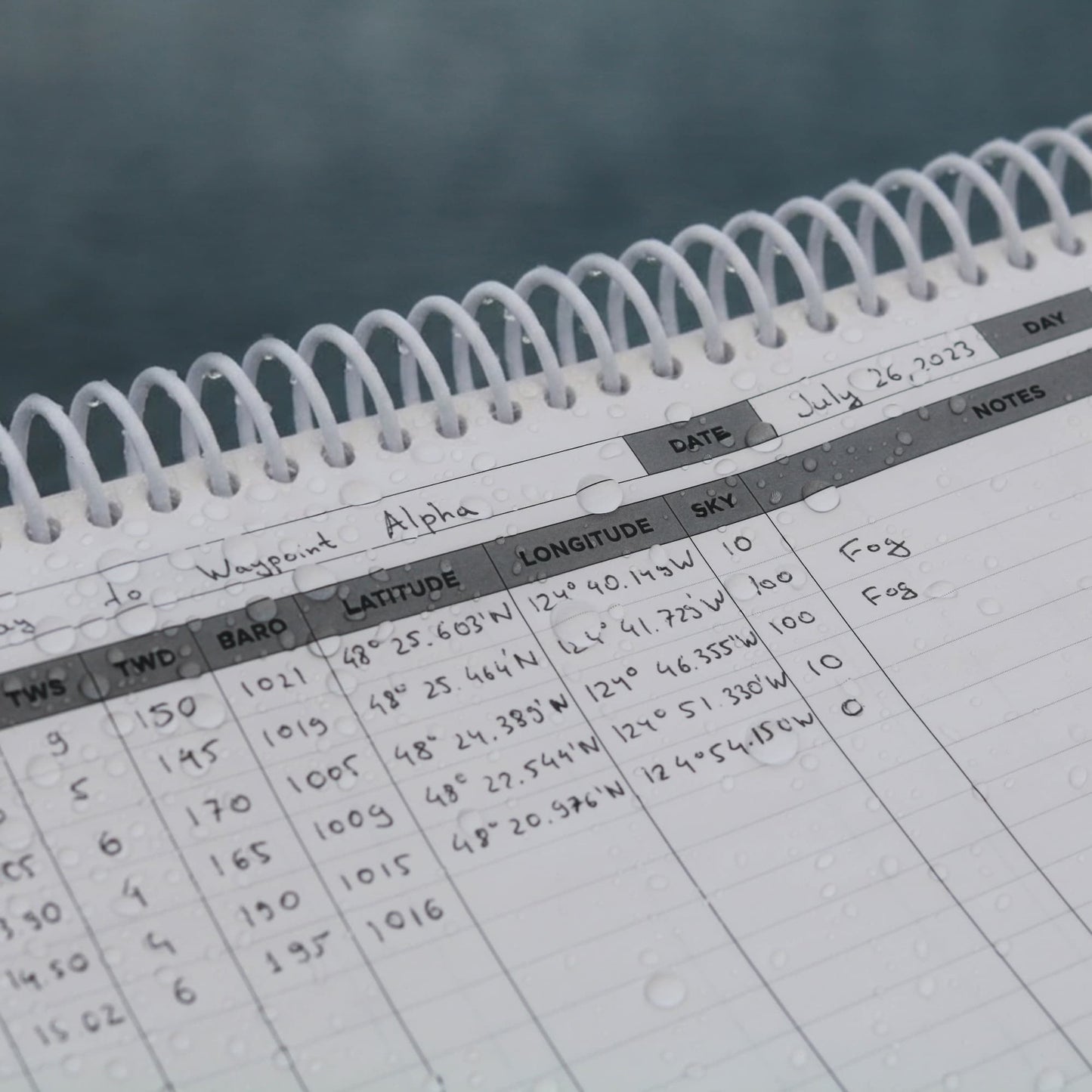 Rain on offshore sailing log page