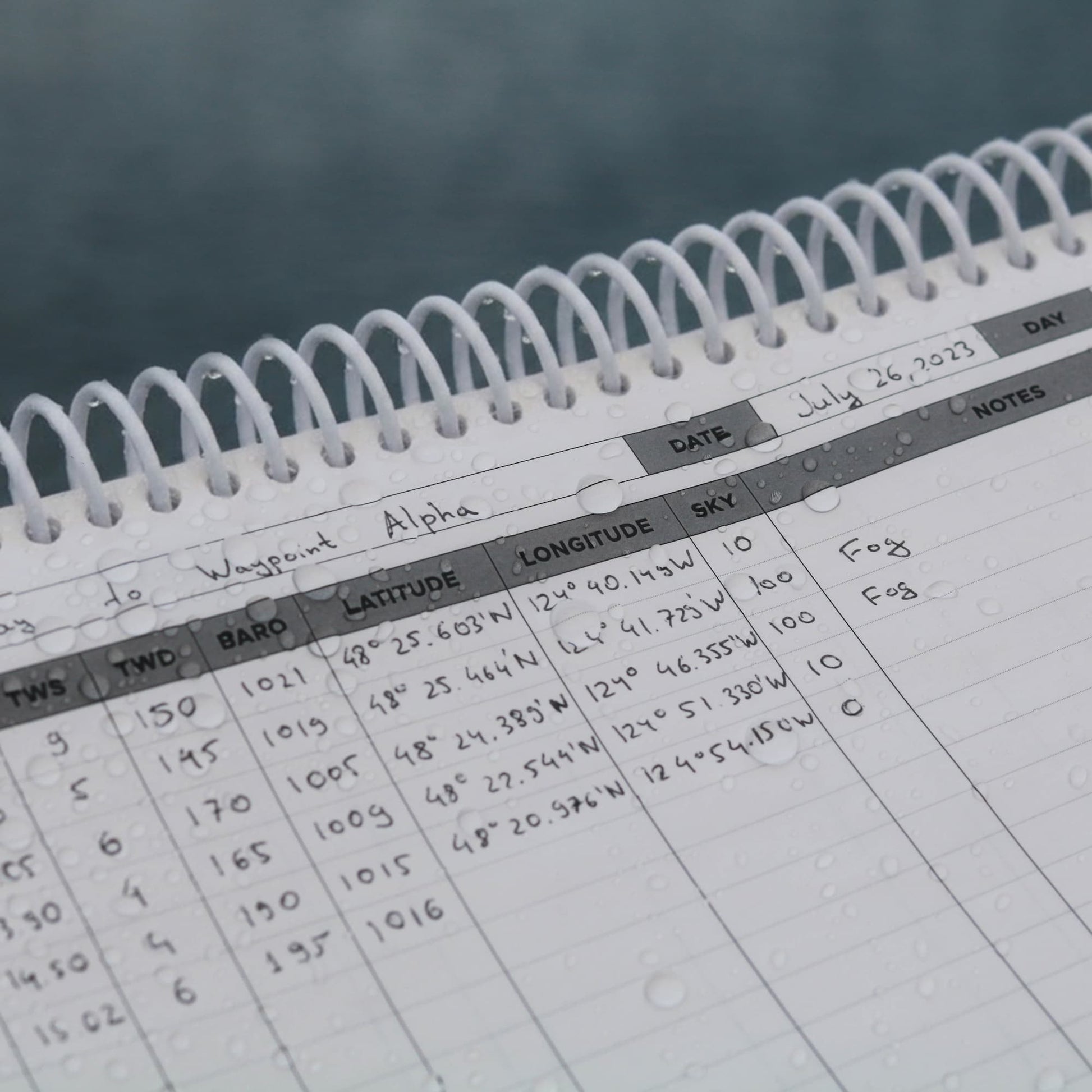 Rain on offshore sailing log page