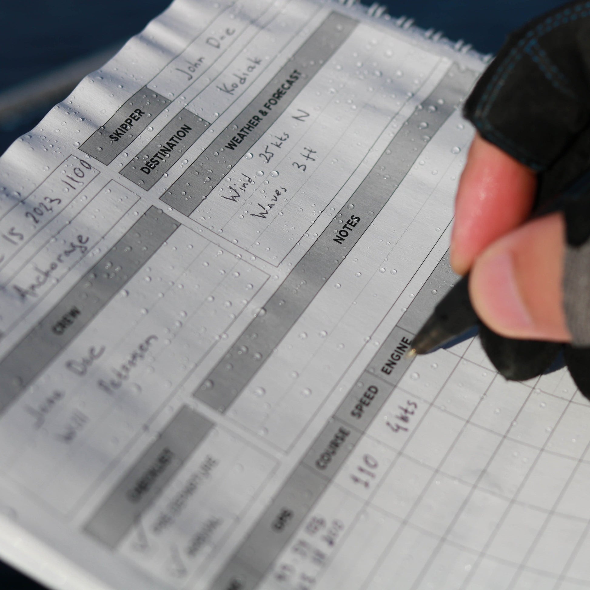 Photo: Writing on waterproof Rite in the Rain paper of all-weather sailing logbook
